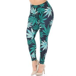 Creamy Soft Black Weed Plus Size Leggings - USA Fashion (One Size Plus,Green)